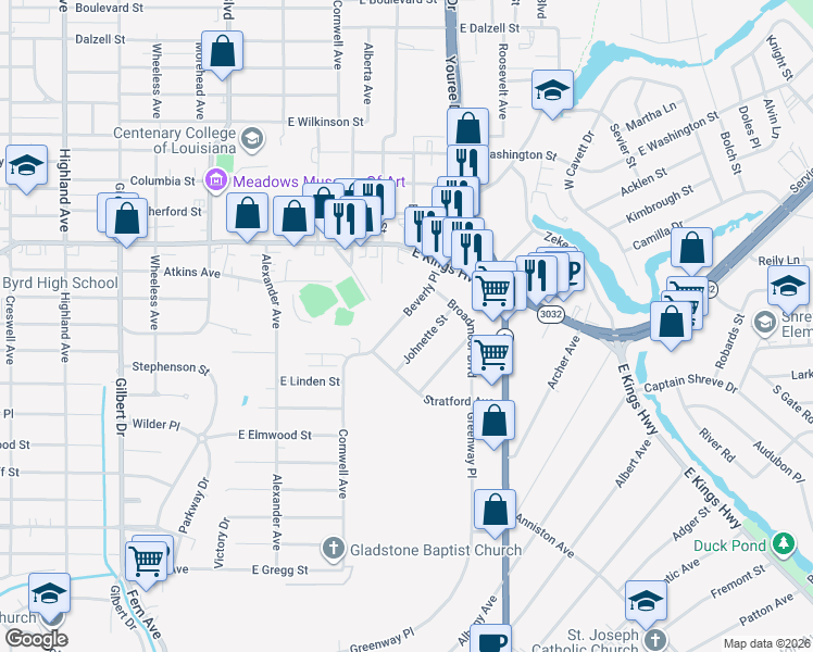 map of restaurants, bars, coffee shops, grocery stores, and more near 3431 Beverly Place in Shreveport