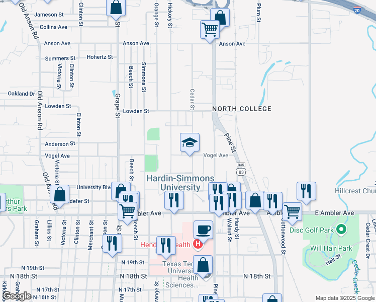 map of restaurants, bars, coffee shops, grocery stores, and more near 1204 Vogel Street in Abilene