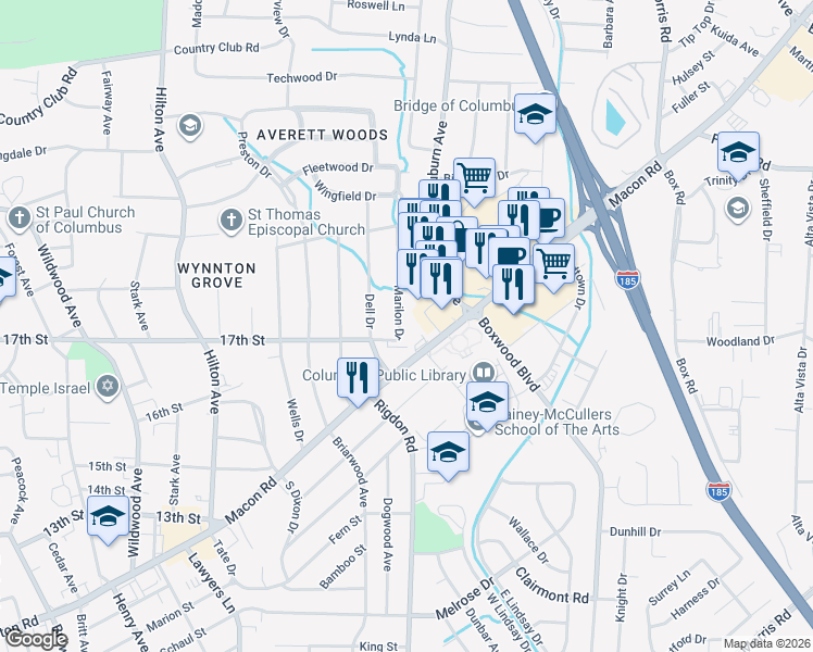 map of restaurants, bars, coffee shops, grocery stores, and more near 3115 Mercury Drive in Columbus