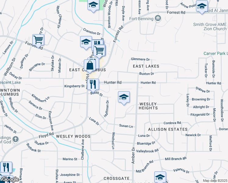 map of restaurants, bars, coffee shops, grocery stores, and more near 5662 Marlette Court in Columbus