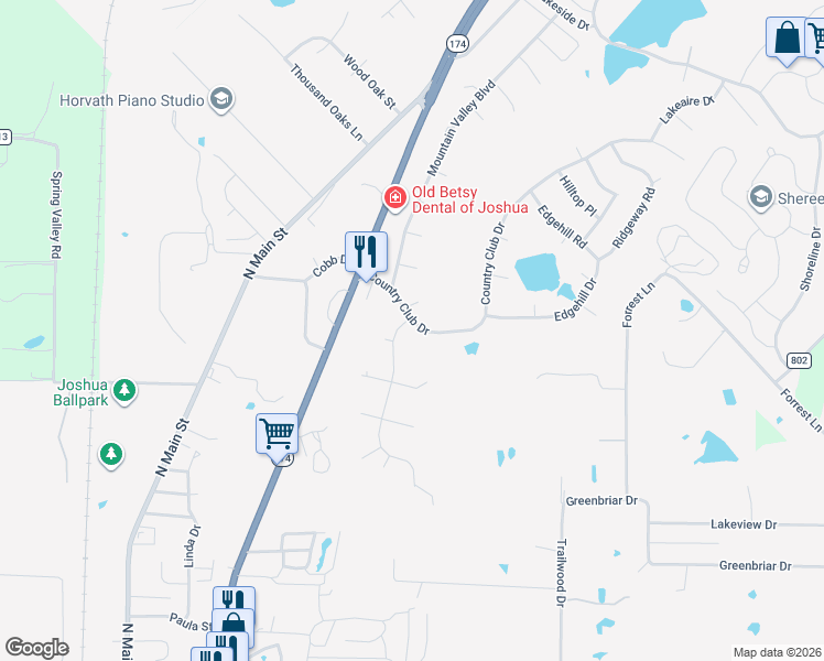 map of restaurants, bars, coffee shops, grocery stores, and more near 101 Country Club Drive in Joshua