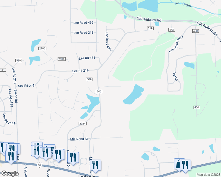map of restaurants, bars, coffee shops, grocery stores, and more near 78 Bluebird Lane in Phenix City