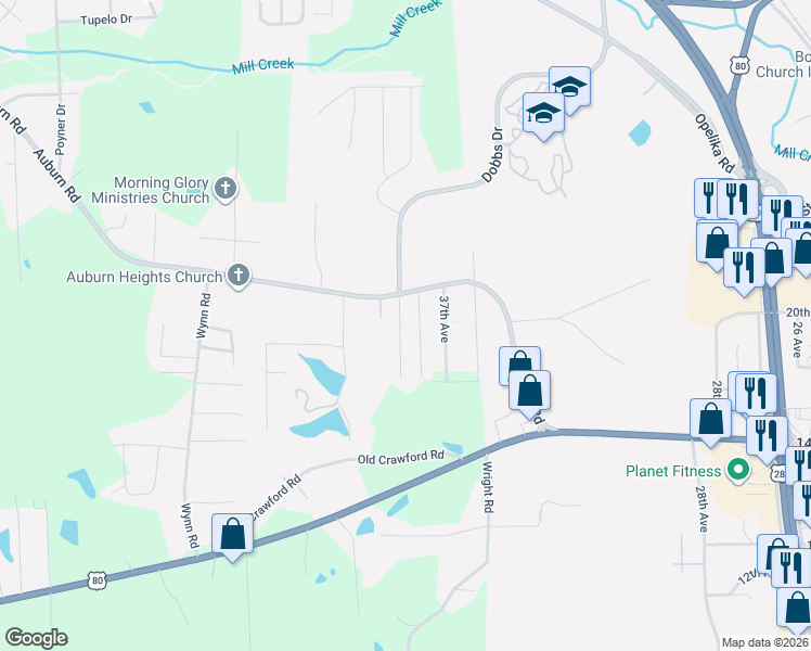 map of restaurants, bars, coffee shops, grocery stores, and more near 1912 Kittrell Drive in Phenix City
