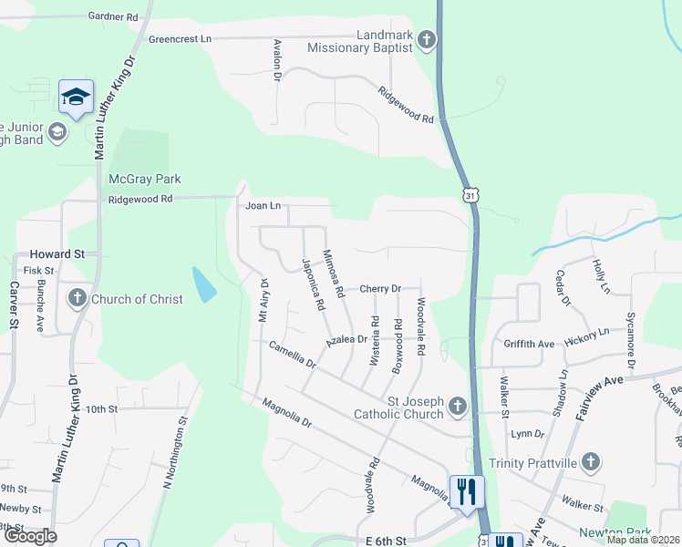 map of restaurants, bars, coffee shops, grocery stores, and more near 652 Mimosa Road in Prattville
