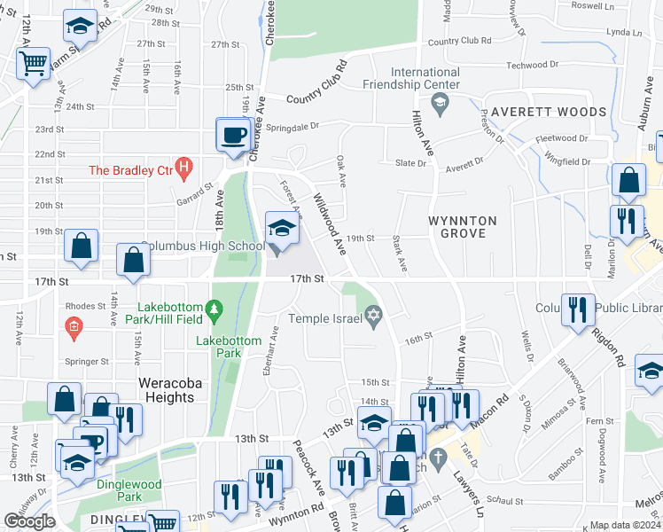 map of restaurants, bars, coffee shops, grocery stores, and more near 1724 Forest Avenue in Columbus