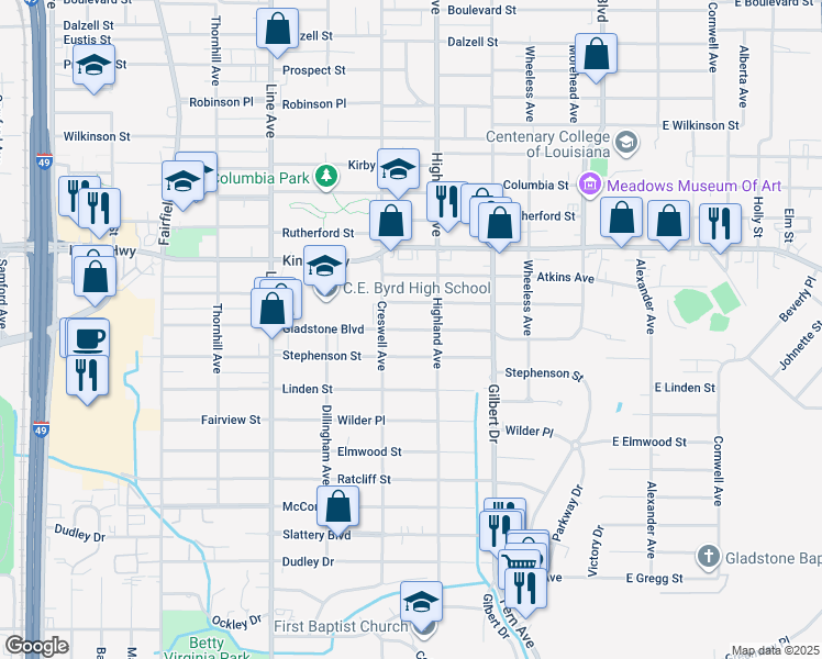 map of restaurants, bars, coffee shops, grocery stores, and more near 544 Gladstone Boulevard in Shreveport