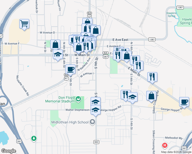 map of restaurants, bars, coffee shops, grocery stores, and more near 303 South 9th Street in Midlothian
