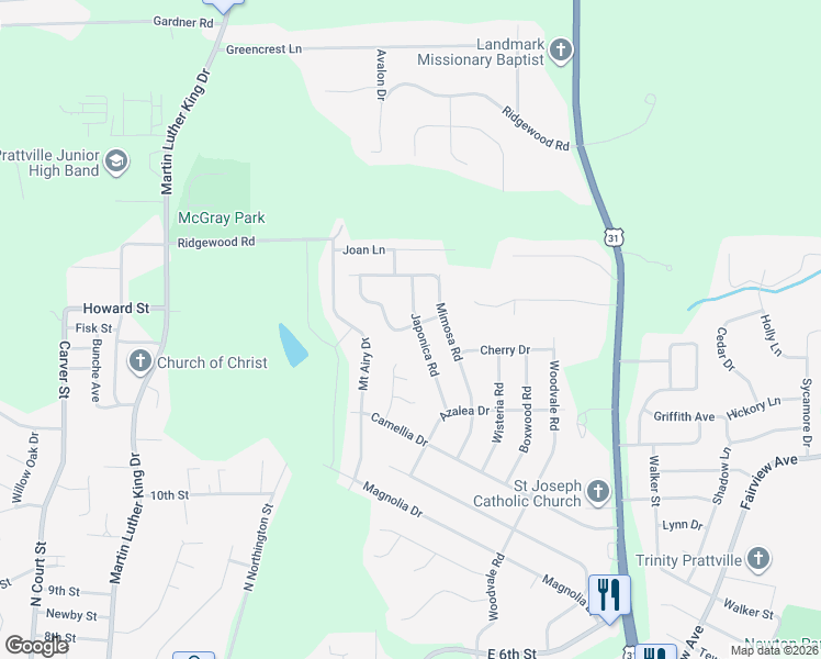 map of restaurants, bars, coffee shops, grocery stores, and more near 703 Japonica Road in Prattville