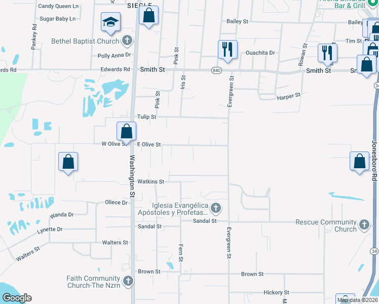 map of restaurants, bars, coffee shops, grocery stores, and more near 639 E Olive St in West Monroe