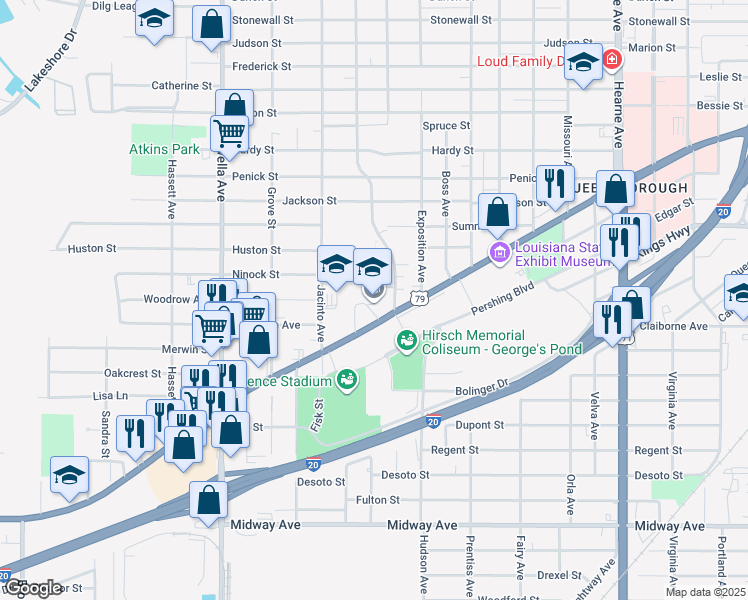map of restaurants, bars, coffee shops, grocery stores, and more near 3222 Greenwood Road in Shreveport