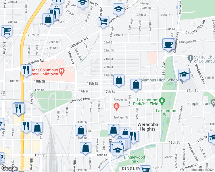 map of restaurants, bars, coffee shops, grocery stores, and more near 1220 18th Street in Columbus