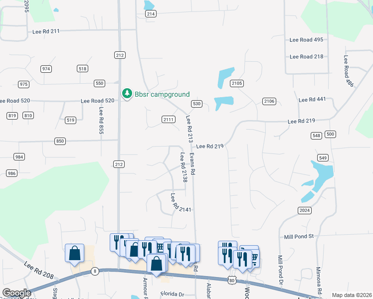 map of restaurants, bars, coffee shops, grocery stores, and more near 246 Lee Road 2138 in Phenix City