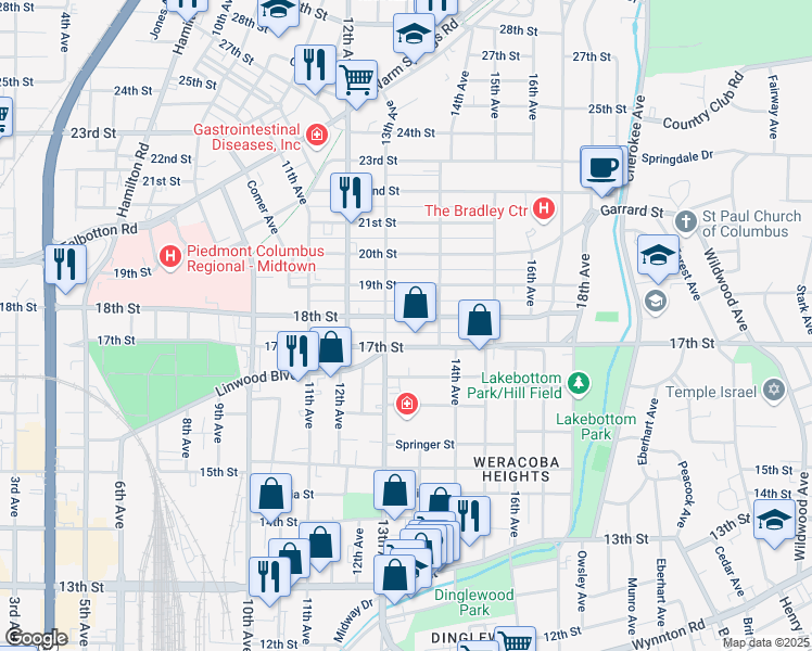 map of restaurants, bars, coffee shops, grocery stores, and more near 1314 18th Street in Columbus