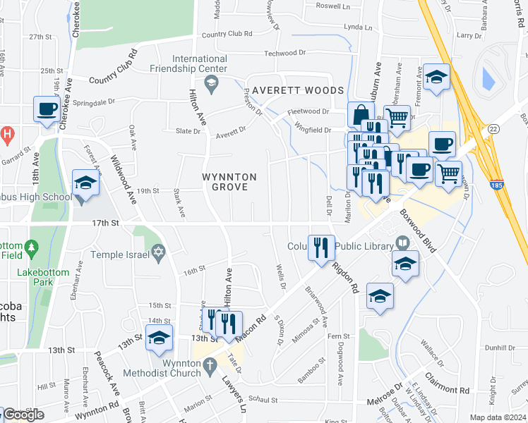 map of restaurants, bars, coffee shops, grocery stores, and more near 1717 Wells Drive in Columbus