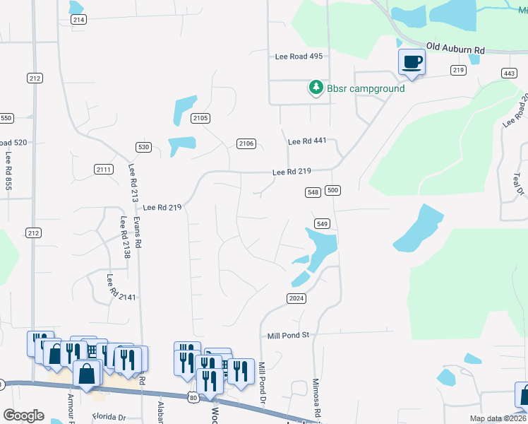 map of restaurants, bars, coffee shops, grocery stores, and more near 9 Woodmere Court in Phenix City