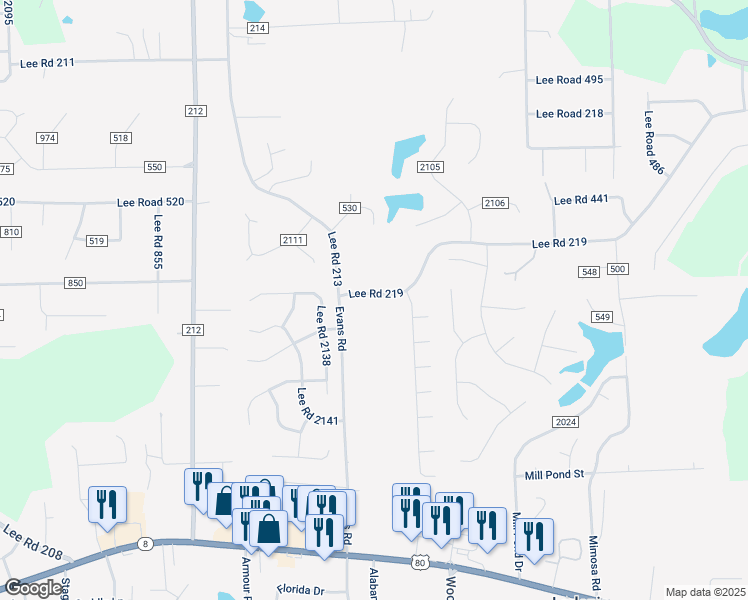 map of restaurants, bars, coffee shops, grocery stores, and more near 1369 Lee Road 219 in Phenix City
