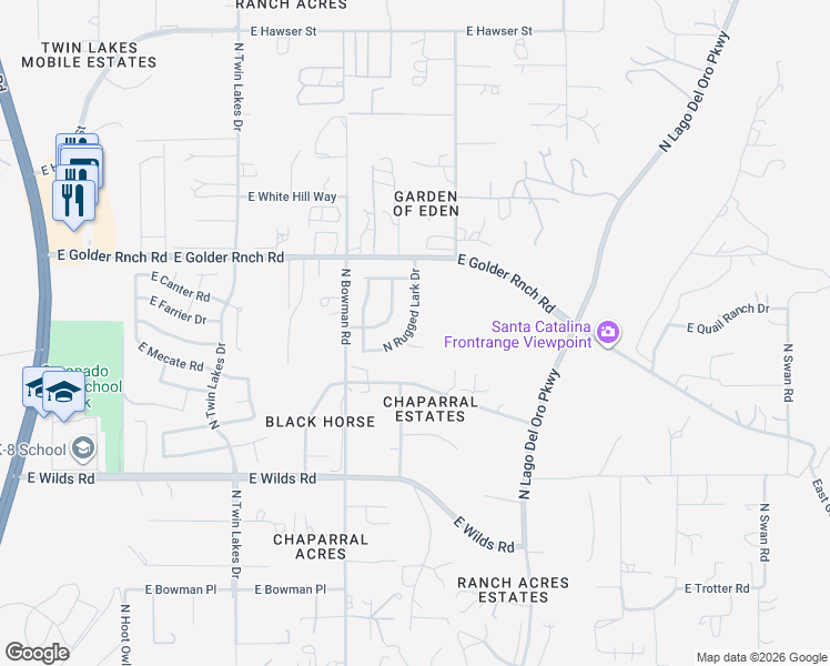 map of restaurants, bars, coffee shops, grocery stores, and more near 15086 North Rugged Lark Drive in Tucson