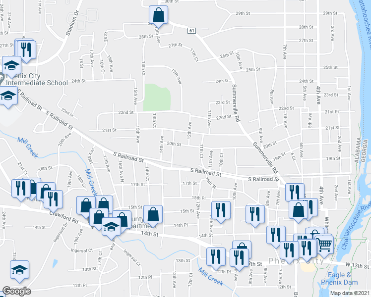 map of restaurants, bars, coffee shops, grocery stores, and more near 1201 20th Street in Phenix City