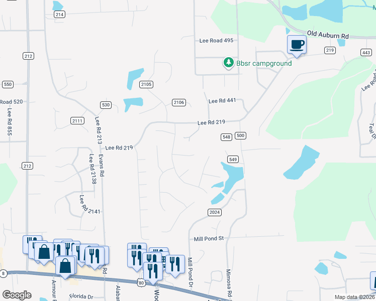 map of restaurants, bars, coffee shops, grocery stores, and more near 9 Woodmere Court in Phenix City