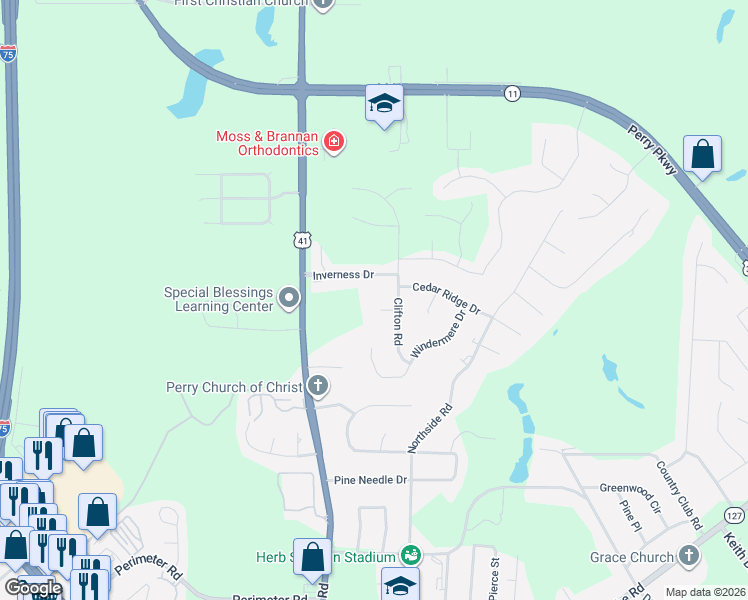 map of restaurants, bars, coffee shops, grocery stores, and more near 207 Inverness Drive in Perry