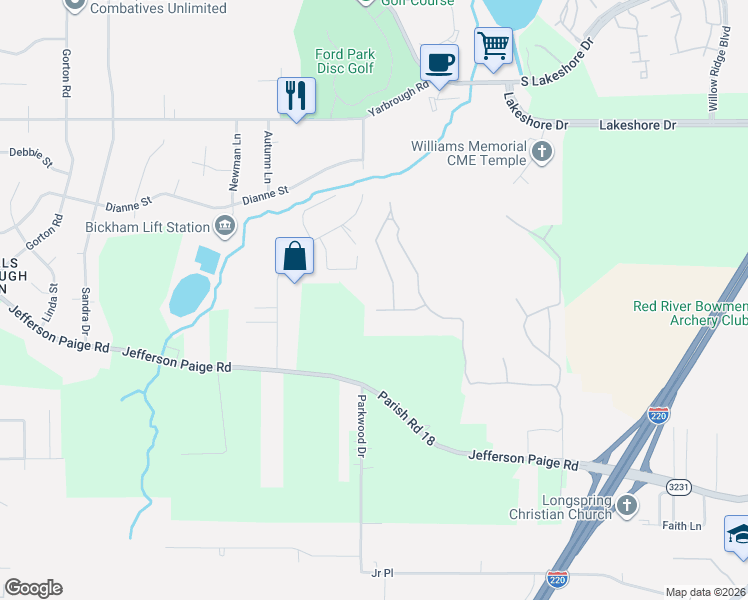map of restaurants, bars, coffee shops, grocery stores, and more near 3576 Lakeside Drive in Shreveport