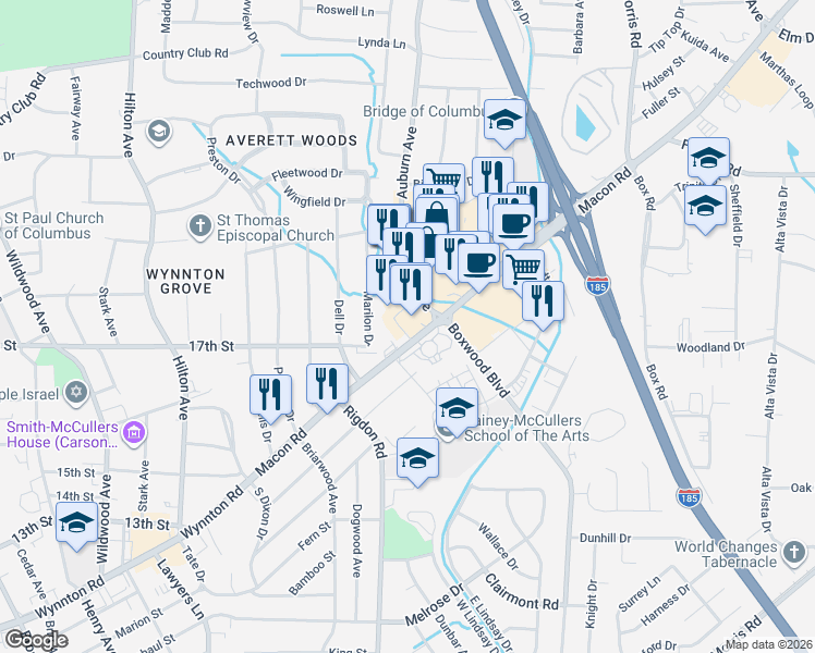 map of restaurants, bars, coffee shops, grocery stores, and more near 3217 Macon Road in Columbus