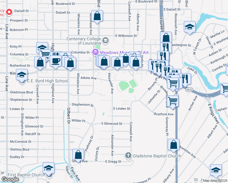 map of restaurants, bars, coffee shops, grocery stores, and more near 3325 Alexander Avenue in Shreveport