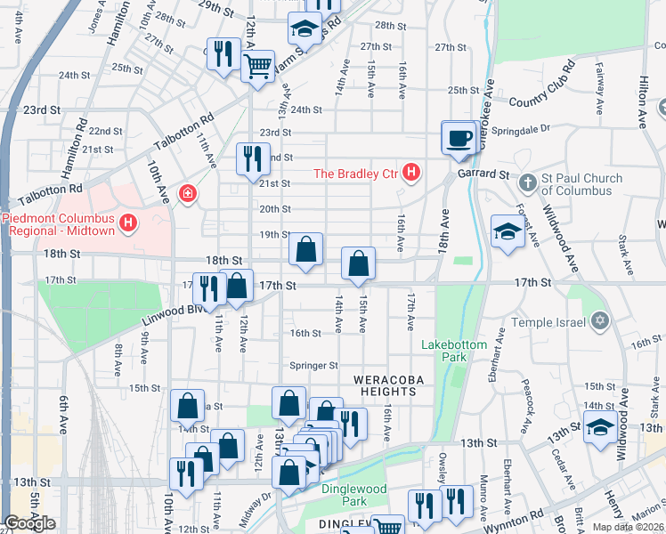 map of restaurants, bars, coffee shops, grocery stores, and more near 1401 18th Street in Columbus