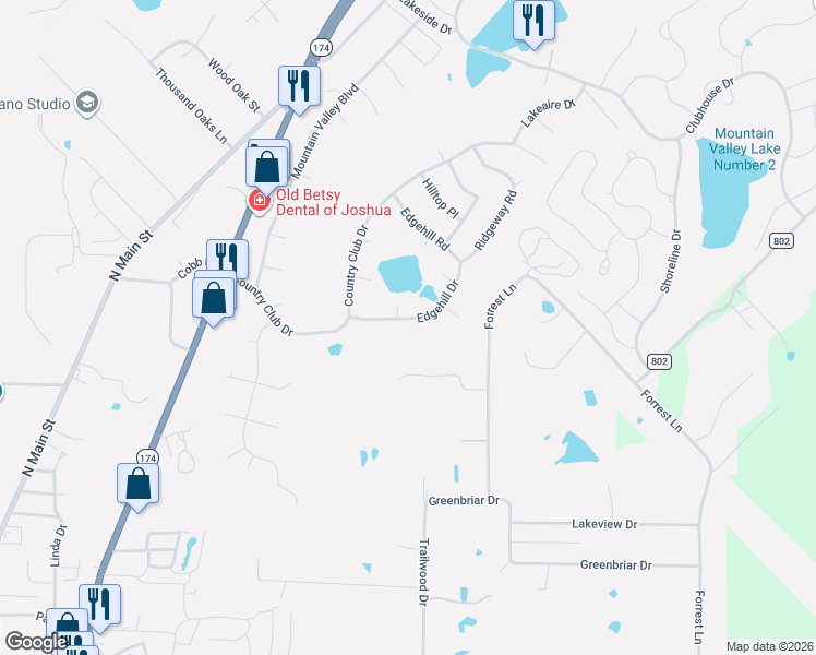 map of restaurants, bars, coffee shops, grocery stores, and more near 101 Lake Shore Place in Joshua