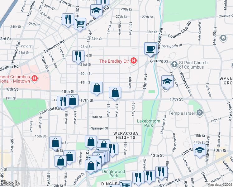 map of restaurants, bars, coffee shops, grocery stores, and more near 1442 18th Street in Columbus