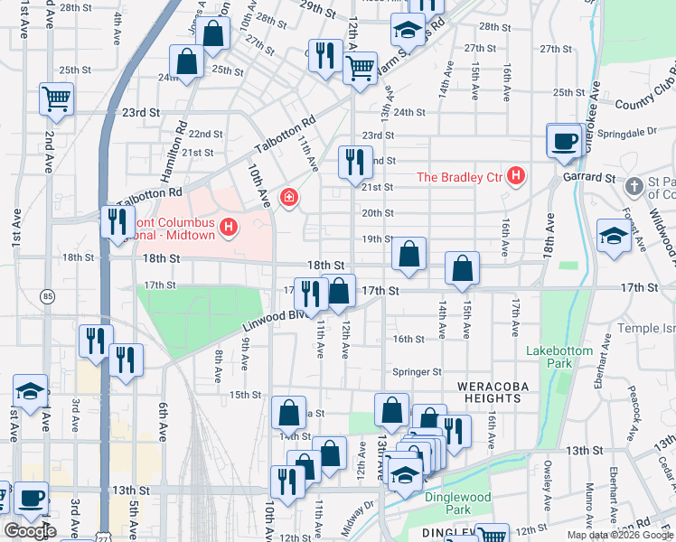 map of restaurants, bars, coffee shops, grocery stores, and more near 1116 18th Street in Columbus