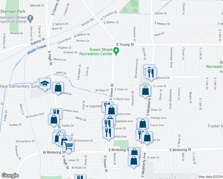 map of restaurants, bars, coffee shops, grocery stores, and more near 100 West Pliler Street in Longview