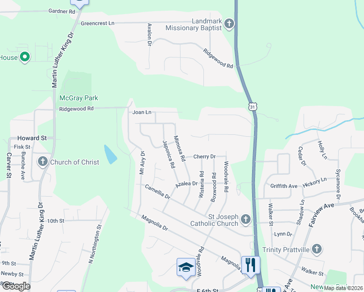 map of restaurants, bars, coffee shops, grocery stores, and more near 648 Mimosa Road in Prattville