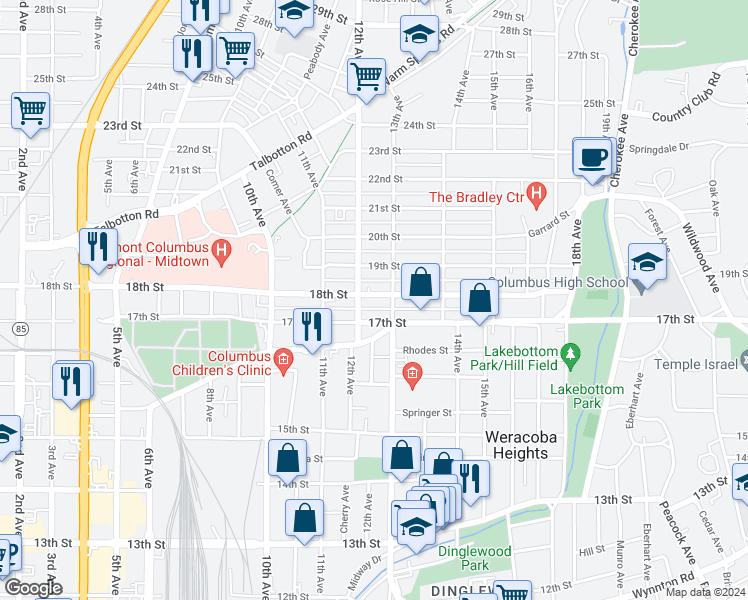 map of restaurants, bars, coffee shops, grocery stores, and more near 1212 18th Street in Columbus