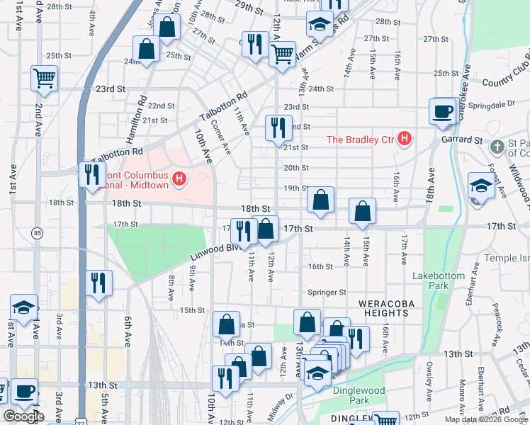 map of restaurants, bars, coffee shops, grocery stores, and more near 1116 18th Street in Columbus