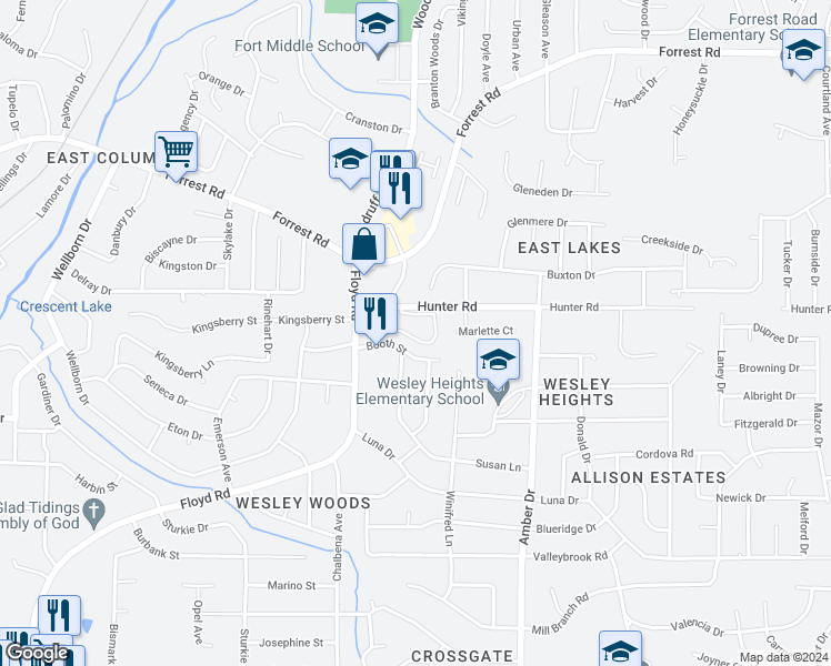 map of restaurants, bars, coffee shops, grocery stores, and more near 5600 Hunter Road in Columbus
