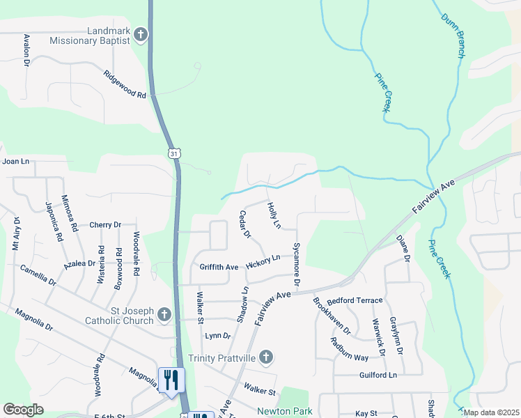 map of restaurants, bars, coffee shops, grocery stores, and more near 128 Cedar Drive in Prattville