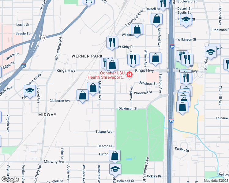 map of restaurants, bars, coffee shops, grocery stores, and more near 1623 Jennings Street in Shreveport