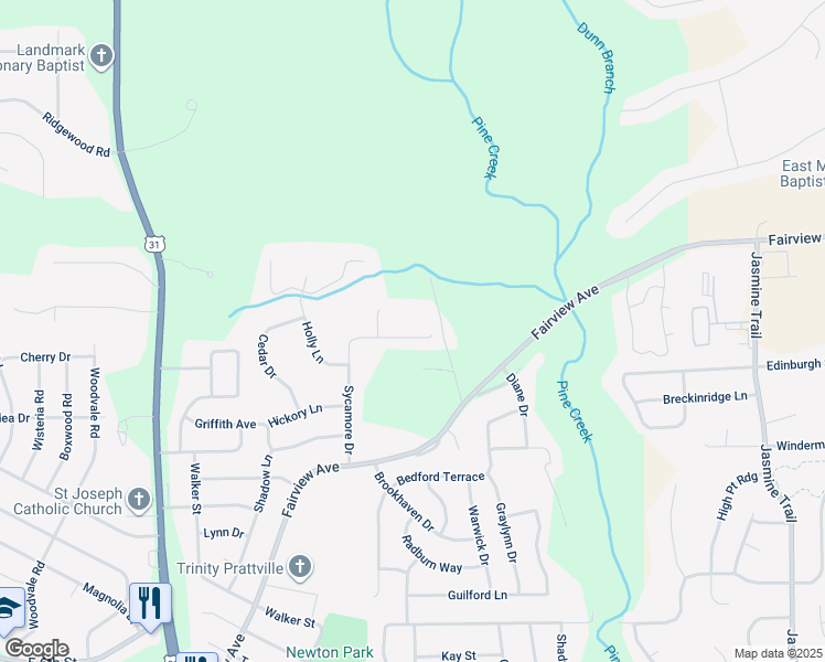map of restaurants, bars, coffee shops, grocery stores, and more near 147 Sycamore Drive in Prattville