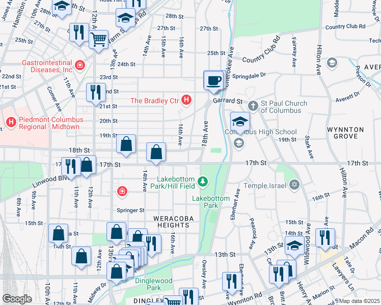 map of restaurants, bars, coffee shops, grocery stores, and more near 1700 18th Street in Columbus