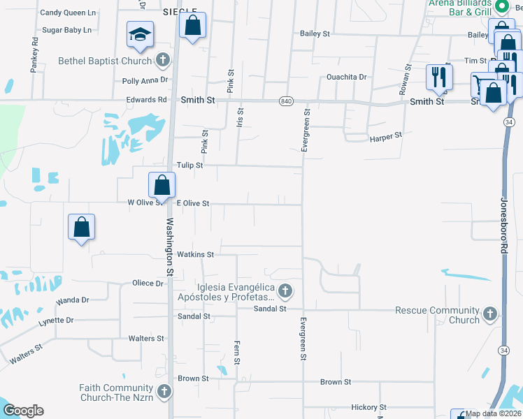 map of restaurants, bars, coffee shops, grocery stores, and more near 631-639 E Olive St in West Monroe