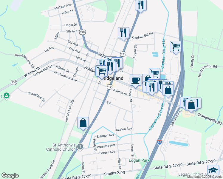 map of restaurants, bars, coffee shops, grocery stores, and more near 10706 South Jacob Smart Boulevard in Ridgeland