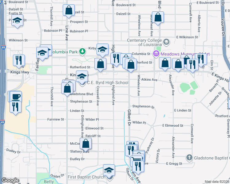 map of restaurants, bars, coffee shops, grocery stores, and more near 460 Gladstone Boulevard in Shreveport