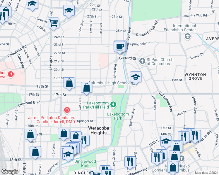 map of restaurants, bars, coffee shops, grocery stores, and more near 1712 18th Street in Columbus