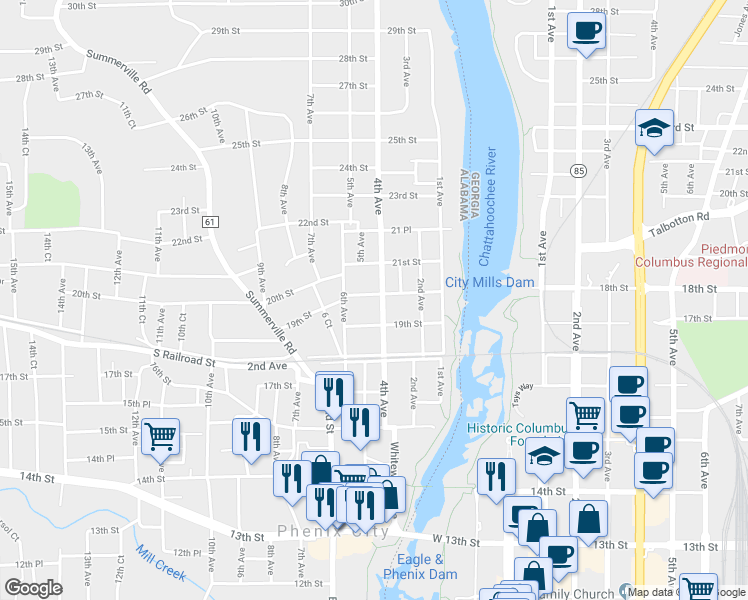 map of restaurants, bars, coffee shops, grocery stores, and more near 403 20th Street in Phenix City