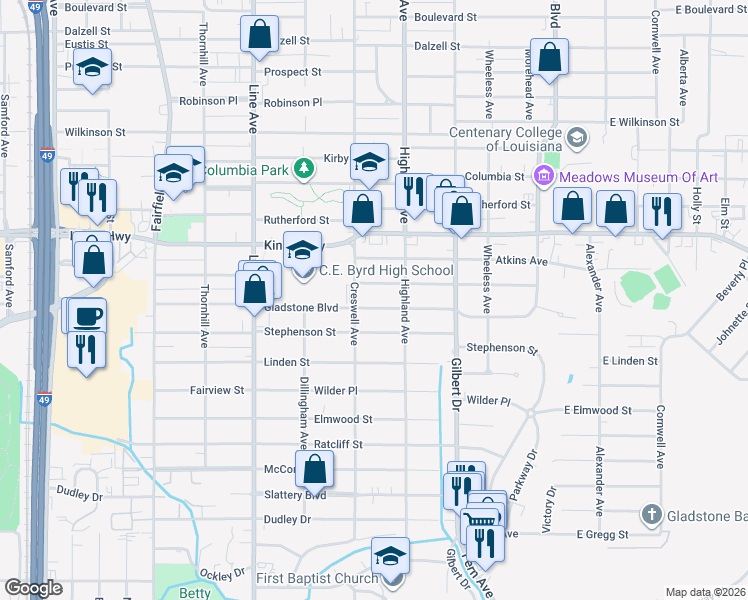 map of restaurants, bars, coffee shops, grocery stores, and more near 540 Gladstone Boulevard in Shreveport