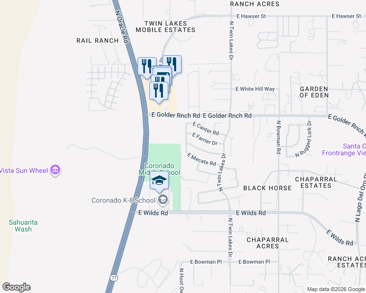 map of restaurants, bars, coffee shops, grocery stores, and more near 3520 East Mecate Road in Tucson