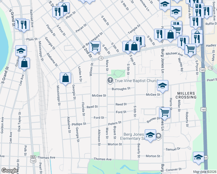 map of restaurants, bars, coffee shops, grocery stores, and more near 801 Burroughs St in Monroe