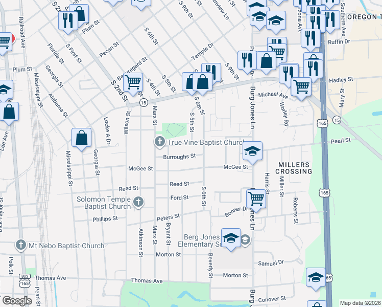 map of restaurants, bars, coffee shops, grocery stores, and more near 1609 Burroughs St in Monroe