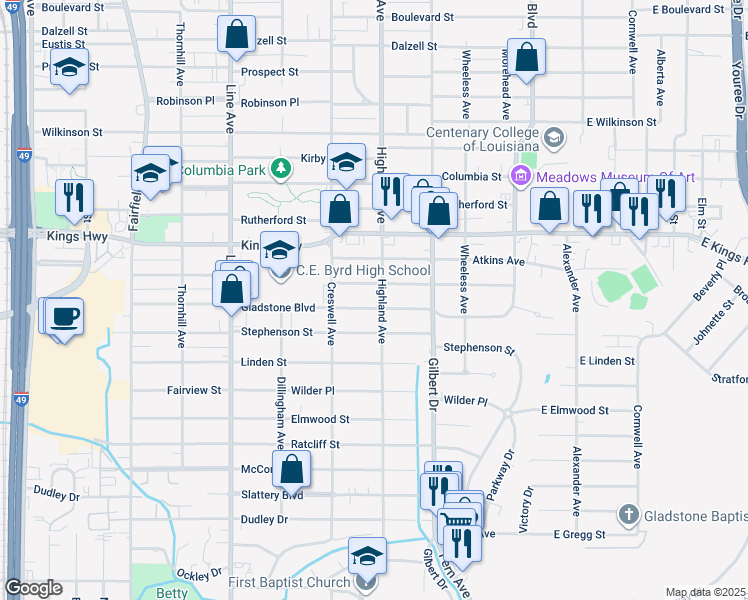 map of restaurants, bars, coffee shops, grocery stores, and more near 460 Gladstone Boulevard in Shreveport